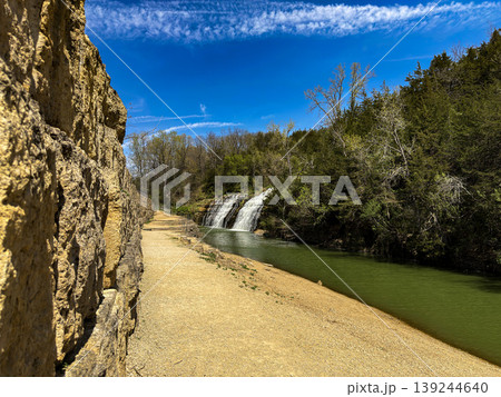 Scenic Riverside Path Leading to Waterfall Under Bright Blue Sky Scenic Riverside Path Leading to Waterfall Under Bright Blue Sky 139244640