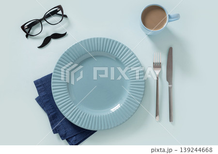 Table setting with plate coffee and cutlery top view Table setting with plate coffee and cutlery top view 139244668
