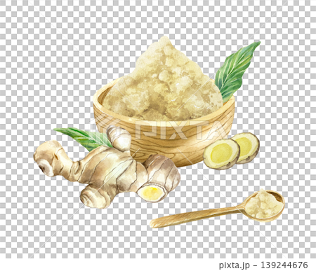 Ginger root, dried powder in a wooden bowl and a handful on a spoon, green leaves. Hand drawn watercolor illustration, isolated. Spice plant for food label design, natural cosmetics and medicine. 139244676