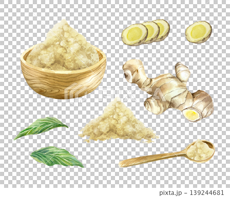 Ginger root set with green leaves, dried powder in a wooden bowl and spoon. Hand drawn watercolor illustration, isolated. Spice plant for food label design, natural cosmetics and medicine. Ginger root set with green leaves, dried powder in a wooden bowl and spoon. Hand drawn watercolor illustration, isolated. Spice plant for food label design, natural cosmetics and medicine. 139244681