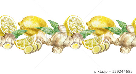 Ginger root, whole and sliced, juicy lemon, green leaves, seamless border. Hand drawn watercolor illustration, isolated. Suitable for food labels, tableware, natural cosmetics and medicine. Ginger root, whole and sliced, juicy lemon, green leaves, seamless border. Hand drawn watercolor illustration, isolated. Suitable for food labels, tableware, natural cosmetics and medicine. 139244683