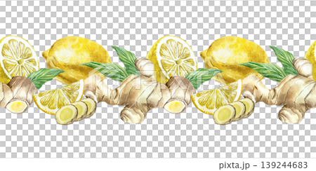 Ginger root, whole and sliced, juicy lemon, green leaves, seamless border. Hand drawn watercolor illustration, isolated. Suitable for food labels, tableware, natural cosmetics and medicine. Ginger root, whole and sliced, juicy lemon, green leaves, seamless border. Hand drawn watercolor illustration, isolated. Suitable for food labels, tableware, natural cosmetics and medicine. 139244683