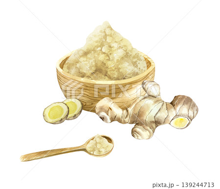 Ginger root, dried powder in a wooden bowl and a handful on a spoon. Hand drawn botanical watercolor illustration, isolated. Spice plant for food label design, natural cosmetics and medicine. 139244713
