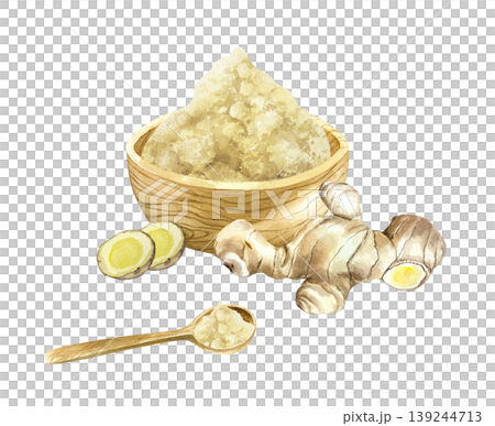 Ginger root, dried powder in a wooden bowl and a handful on a spoon. Hand drawn botanical watercolor illustration, isolated. Spice plant for food label design, natural cosmetics and medicine. 139244713