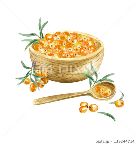 Sea buckthorn berries in a wooden bowl, spoon and green leaves. Hand drawn watercolor botanical illustration of a juicy, healthy berry, isolated. Suitable for food labeling of jam, tea and cosmetics. 139244714