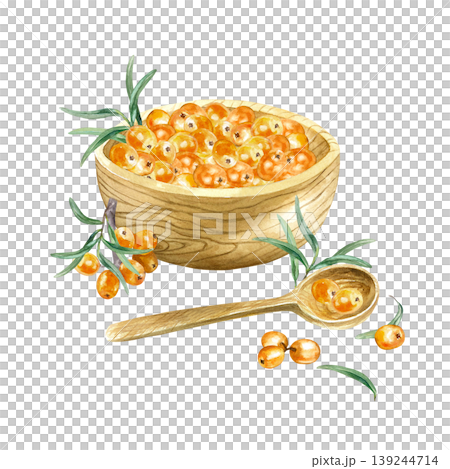 Sea buckthorn berries in a wooden bowl, spoon and green leaves. Hand drawn watercolor botanical illustration of a juicy, healthy berry, isolated. Suitable for food labeling of jam, tea and cosmetics. 139244714