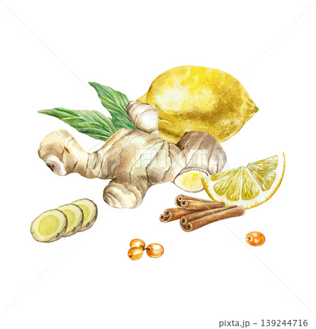 Ginger root, whole and sliced, juicy lemon, cinnamon sticks and sea buckthorn berries. Hand drawn watercolor illustration, isolated. Suitable for food label design, natural cosmetics and medicine. Ginger root, whole and sliced, juicy lemon, cinnamon sticks and sea buckthorn berries. Hand drawn watercolor illustration, isolated. Suitable for food label design, natural cosmetics and medicine. 139244716