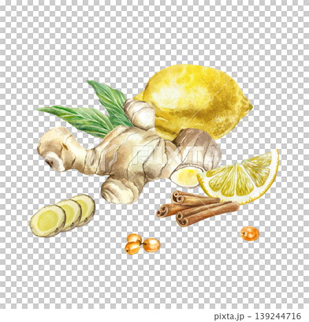 Ginger root, whole and sliced, juicy lemon, cinnamon sticks and sea buckthorn berries. Hand drawn watercolor illustration, isolated. Suitable for food label design, natural cosmetics and medicine. Ginger root, whole and sliced, juicy lemon, cinnamon sticks and sea buckthorn berries. Hand drawn watercolor illustration, isolated. Suitable for food label design, natural cosmetics and medicine. 139244716