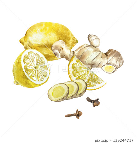 Ginger root, whole and sliced, juicy lemon, dried clove buds. Hand drawn watercolor illustration, isolated. Suitable for food labels, winter drinks, natural cosmetics and medicine. 139244717