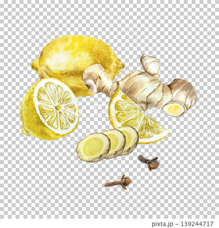 Ginger root, whole and sliced, juicy lemon, dried clove buds. Hand drawn watercolor illustration, isolated. Suitable for food labels, winter drinks, natural cosmetics and medicine. 139244717