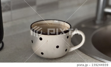 Charming Polka Dot Coffee Mug on Kitchen Counter Charming Polka Dot Coffee Mug on Kitchen Counter 139244939