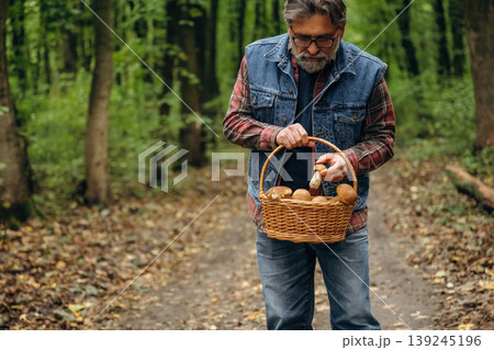 Walking, collected lot of them, in basket. Mushroom picking. Man is in the forest at daytime 139245196