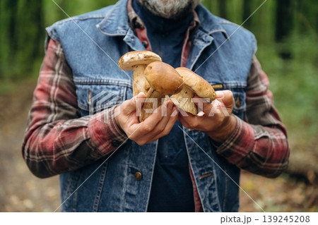 Collected bunch of them. Close up view of man that is doing mushroom picking in the forest Collected bunch of them. Close up view of man that is doing mushroom picking in the forest 139245208