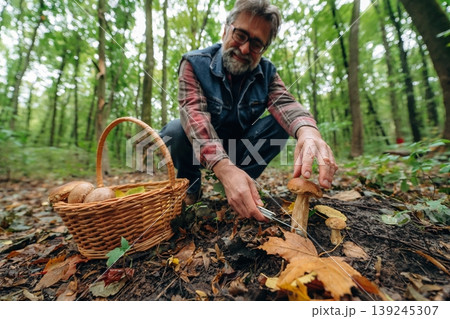 Found one, slicing it with the knife. Mushroom picking. Man is in the forest at daytime Found one, slicing it with the knife. Mushroom picking. Man is in the forest at daytime 139245307