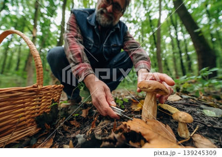 Found one, slicing it with the knife. Mushroom picking. Man is in the forest at daytime 139245309