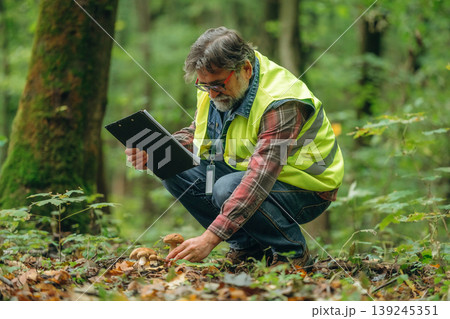 Gathering information, reading from notepad. Senior forest ecologist is working in the woods. In the uniform Gathering information, reading from notepad. Senior forest ecologist is working in the woods. In the uniform 139245351