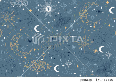 Star constellation clouds and sun blue seamless pattern Star constellation clouds and sun blue seamless pattern 139245430