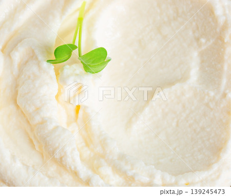 Cream cheese texture background with microgreens macro food abstract dairy surface 139245473