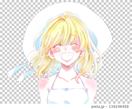 A woman with blonde hair and a hat, smiling and crying in the summer. A woman with blonde hair and a hat, smiling and crying in the summer. 139246488
