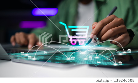 Online shopping cart with logistics network on tablet,Supply chain management technology for retail business,Businessman using stylus for digital marketplace strategy,Smart logistics. Online shopping cart with logistics network on tablet,Supply chain management technology for retail business,Businessman using stylus for digital marketplace strategy,Smart logistics. 139246509