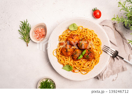 Spaghetti pasta with meatballs and tomato sauce Spaghetti pasta with meatballs and tomato sauce 139246712