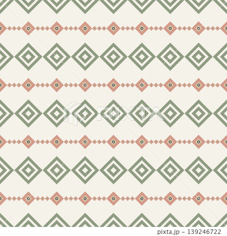 Seamless geometric pattern with minimalist Japandi nested diamonds and horizontal stripes in sage green and soft clay. 139246722
