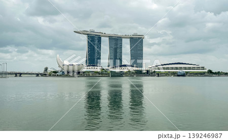 Panoramic view of Marina Bay Sands and the lotus-shaped ArtScience Museum building, Singapore skyline 139246987