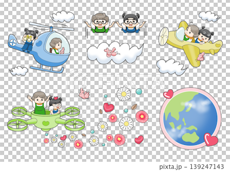 A set of illustrations of flying vehicles and children. A set of illustrations of flying vehicles and children. 139247143