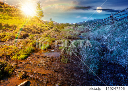day meet night. rural scenery in carpathian mountains. sun and moon over simple view of a countryside mountain landscape during springtime at twilight. brook near the grassy hills. harmony concept day meet night. rural scenery in carpathian mountains. sun and moon over simple view of a countryside mountain landscape during springtime at twilight. brook near the grassy hills. harmony concept 139247206