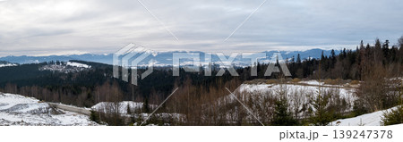Winter evening overcast twilight mountains (Ukraine, Carpathians -  mountain peaks scenery view from Yablunytsia Pass). 139247378