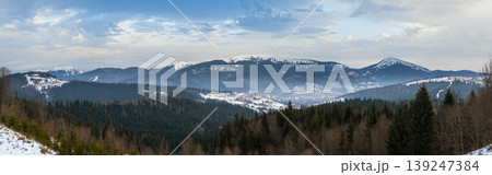 Winter evening overcast twilight mountains (Ukraine, Carpathians - mountain peaks scenery view from Yablunytsia Pass). Winter evening overcast twilight mountains (Ukraine, Carpathians - mountain peaks scenery view from Yablunytsia Pass). 139247384