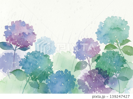 水彩風の紫陽花と雨の梅雨イメージ 水彩風の紫陽花と雨の梅雨イメージ 139247427