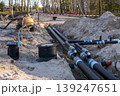 Underground insulated pipeline installation in trench for district heating infrastructure project 139247651