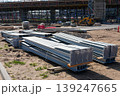 Structural steel beams prepared at bridge construction site for major infrastructure development work 139247665