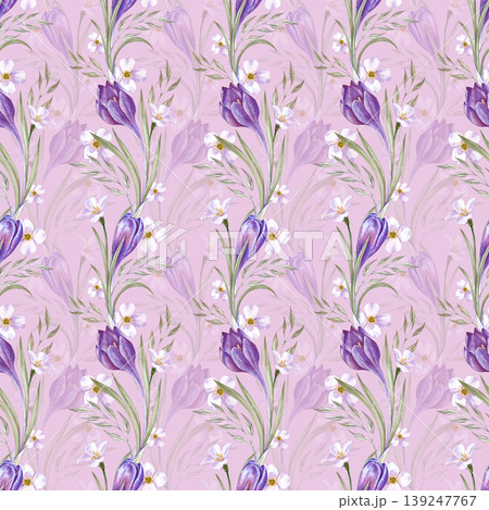 Elegant seamless watercolor pattern with vertical rows of purple crocuses and delicate white meadow flowers. The drawing is made on a pink background. The repeating pattern is perfect for women's Elegant seamless watercolor pattern with vertical rows of purple crocuses and delicate white meadow flowers. The drawing is made on a pink background. The repeating pattern is perfect for women's 139247767