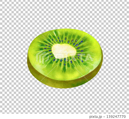A detailed hand-painted watercolor illustration of a round kiwi slice. The painting captures the translucent green flesh, the white core, and the ring of tiny black seeds with realistic texture A detailed hand-painted watercolor illustration of a round kiwi slice. The painting captures the translucent green flesh, the white core, and the ring of tiny black seeds with realistic texture 139247770