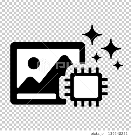 A digital icon (black) representing AI-powered image editing and enhancement. 139248231