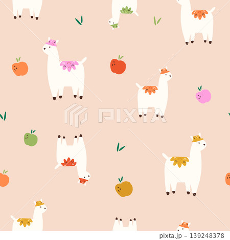 Seamless cute llama, alpaca pattern on beige background Seamless cute llama, alpaca pattern on beige background 139248378