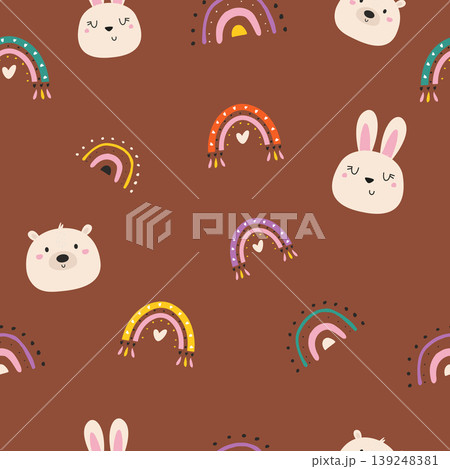 Seamless cute nursery pattern with bunny, bear faces and rainbow shapes 139248381