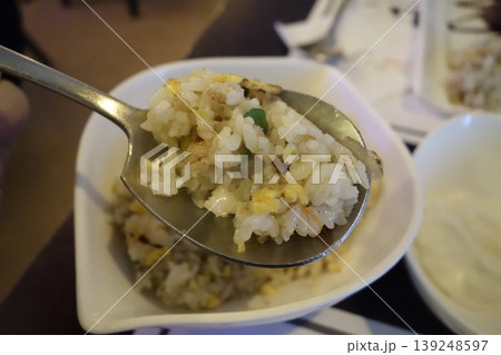 Fried Rice on Spoon Close-Up Fried Rice on Spoon Close-Up 139248597