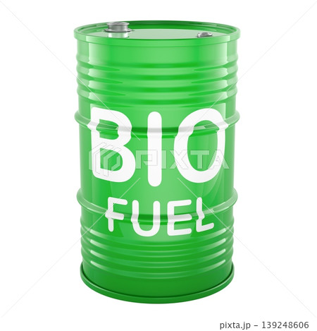 Bio fuel barrel, green metal drum. Renewable energy and sustainable fuel concept, 3d rendering Bio fuel barrel, green metal drum. Renewable energy and sustainable fuel concept, 3d rendering 139248606