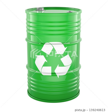 Green metal barrel with recycle symbol, for storing biodiesel or bioethanol, representing renewable energy and lower emissions, concept. 3d rendering Green metal barrel with recycle symbol, for storing biodiesel or bioethanol, representing renewable energy and lower emissions, concept. 3d rendering 139248613