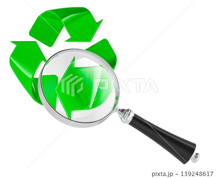 Recycling symbol under magnifying glass. Recycling inspection, eco audit and sustainability analysis, concept. 3d rendering Recycling symbol under magnifying glass. Recycling inspection, eco audit and sustainability analysis, concept. 3d rendering 139248617