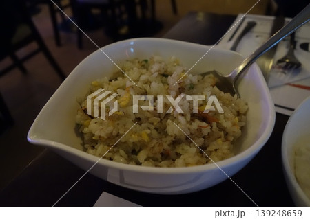 Fried Rice in White Bowl with Spoon 139248659