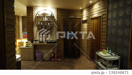Wooden Sauna Interior with Decorative Elements 139248671