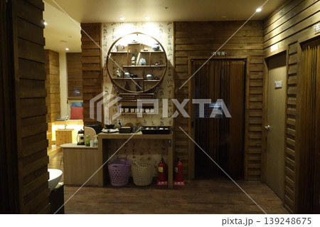Wooden Interior Hotel Lobby with Room Signage Wooden Interior Hotel Lobby with Room Signage 139248675