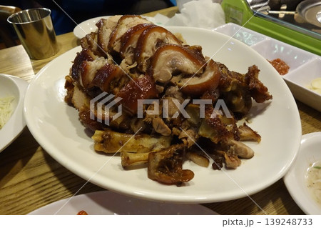 Roasted Pork Dish on White Plate 139248733