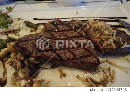 Grilled Steak with Toppings on Plate 139248748