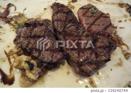 Grilled Steak with Mushrooms on Plate Grilled Steak with Mushrooms on Plate 139248749