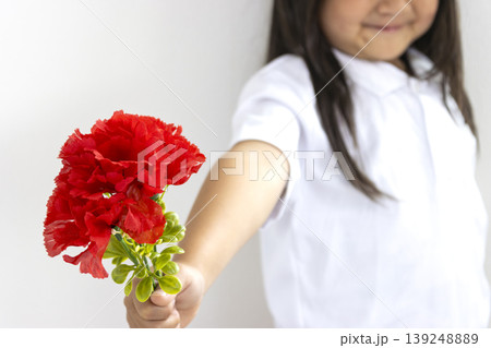 造花の赤いカーネーションを渡す女の子(5歳、日本人、顔無し) 造花の赤いカーネーションを渡す女の子(5歳、日本人、顔無し) 139248889
